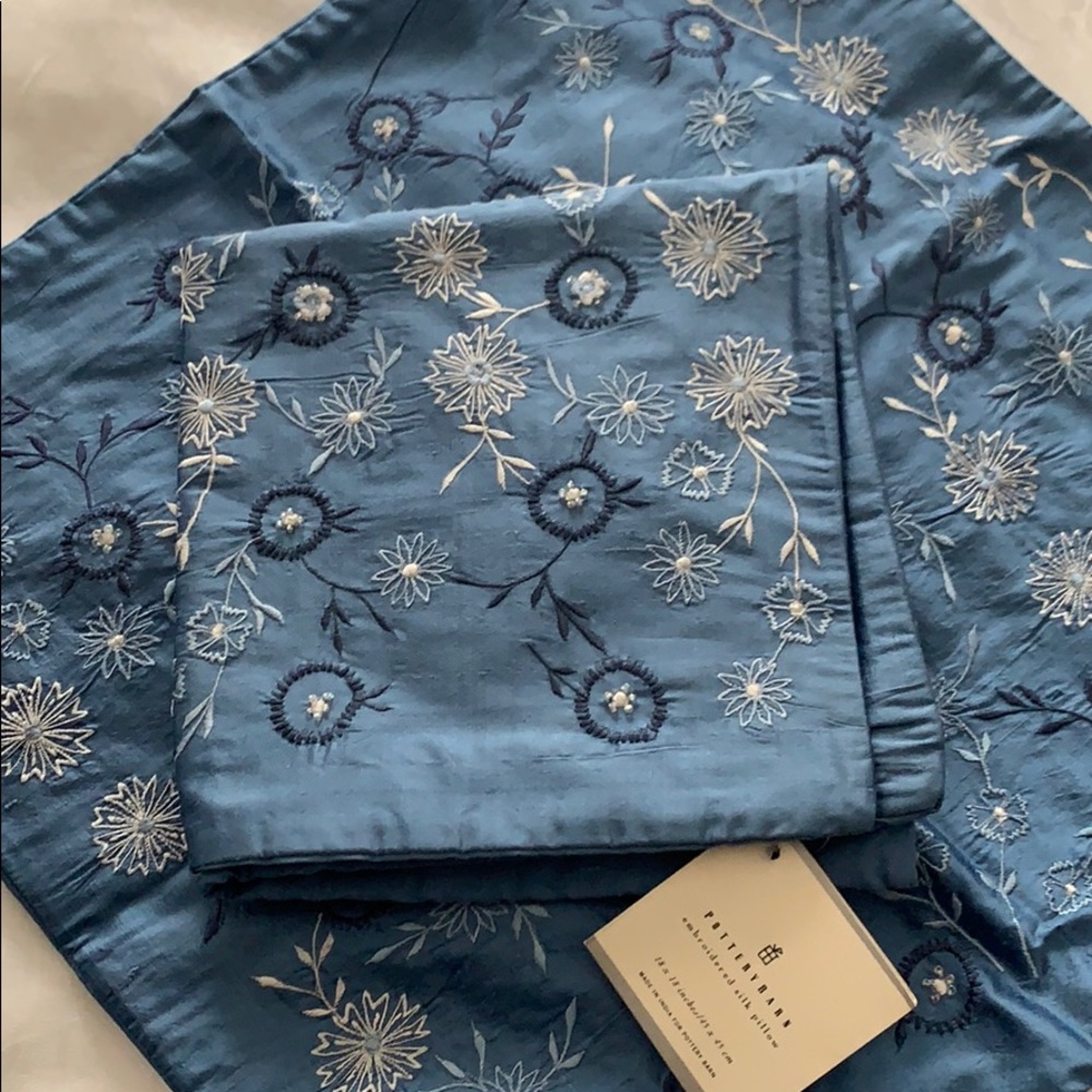 Pottery Barn embroidered blue silk pillows